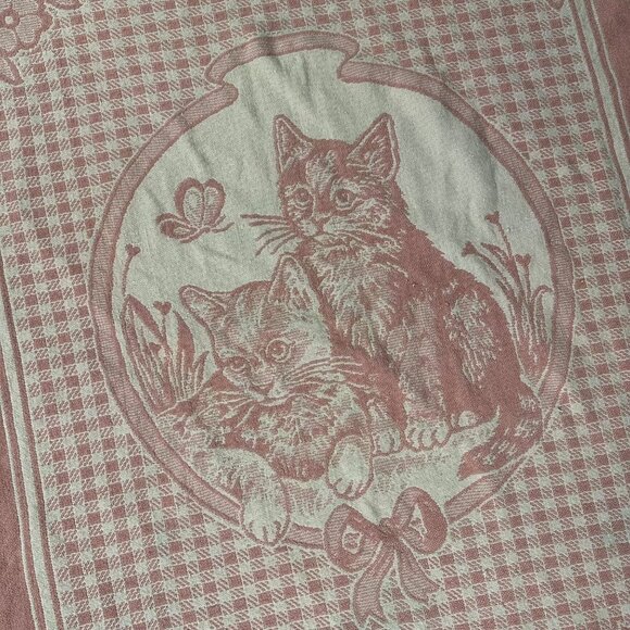 Vintage Tapestry Throw Blanket Pink White Cat Kitten Kitty Fringe Cottage - Picture 1 of 10